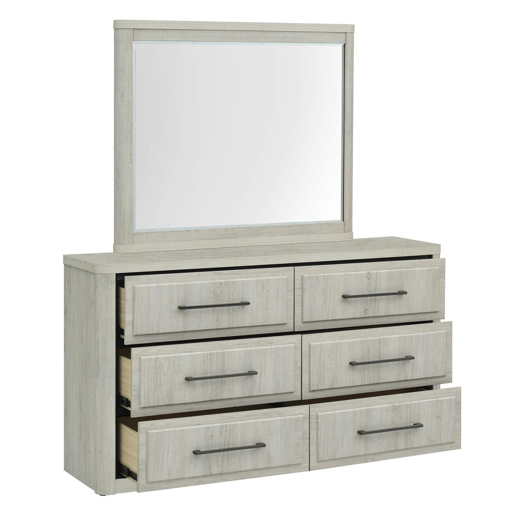 Commode et miroir - Blanc naturel — - Commode et miroir - Blanc Caractéristiques du produit Poignées bronze Coins légèrement arrondis et