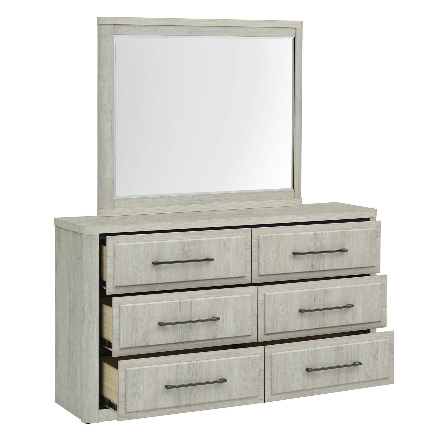 Commode et miroir - Blanc naturel — - Commode et miroir - Blanc Caractéristiques du produit Poignées bronze Coins légèrement arrondis et
