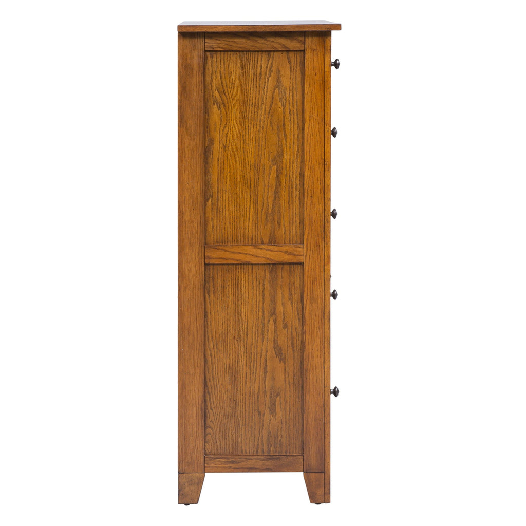 Commode 5 tiroirs - Chêne vieilli — Style chambre américaine rustique avec accents en bois et chevilles pour une touche artisanale.