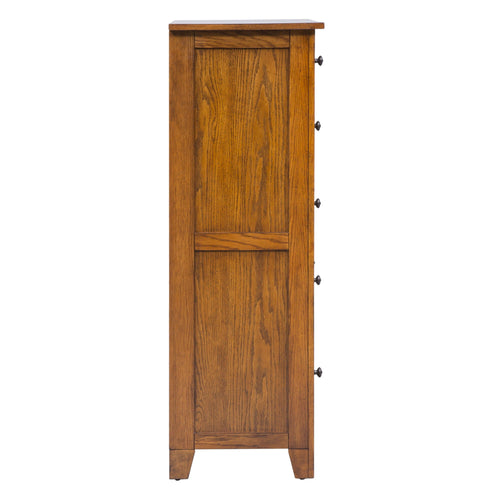 Commode 5 tiroirs - Chêne vieilli — Style chambre américaine rustique avec accents en bois et chevilles pour une touche artisanale.