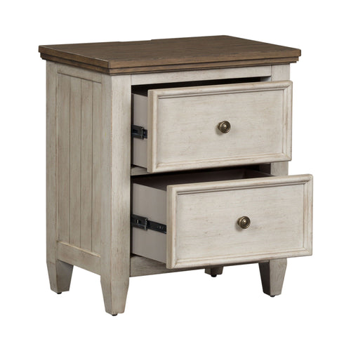 Table de chevet à 2 tiroirs avec station de charge - Blanc antique / Dessus couleur tabac — Des looks qui s'intègrent facilement aux maisons d'aujourd'hui