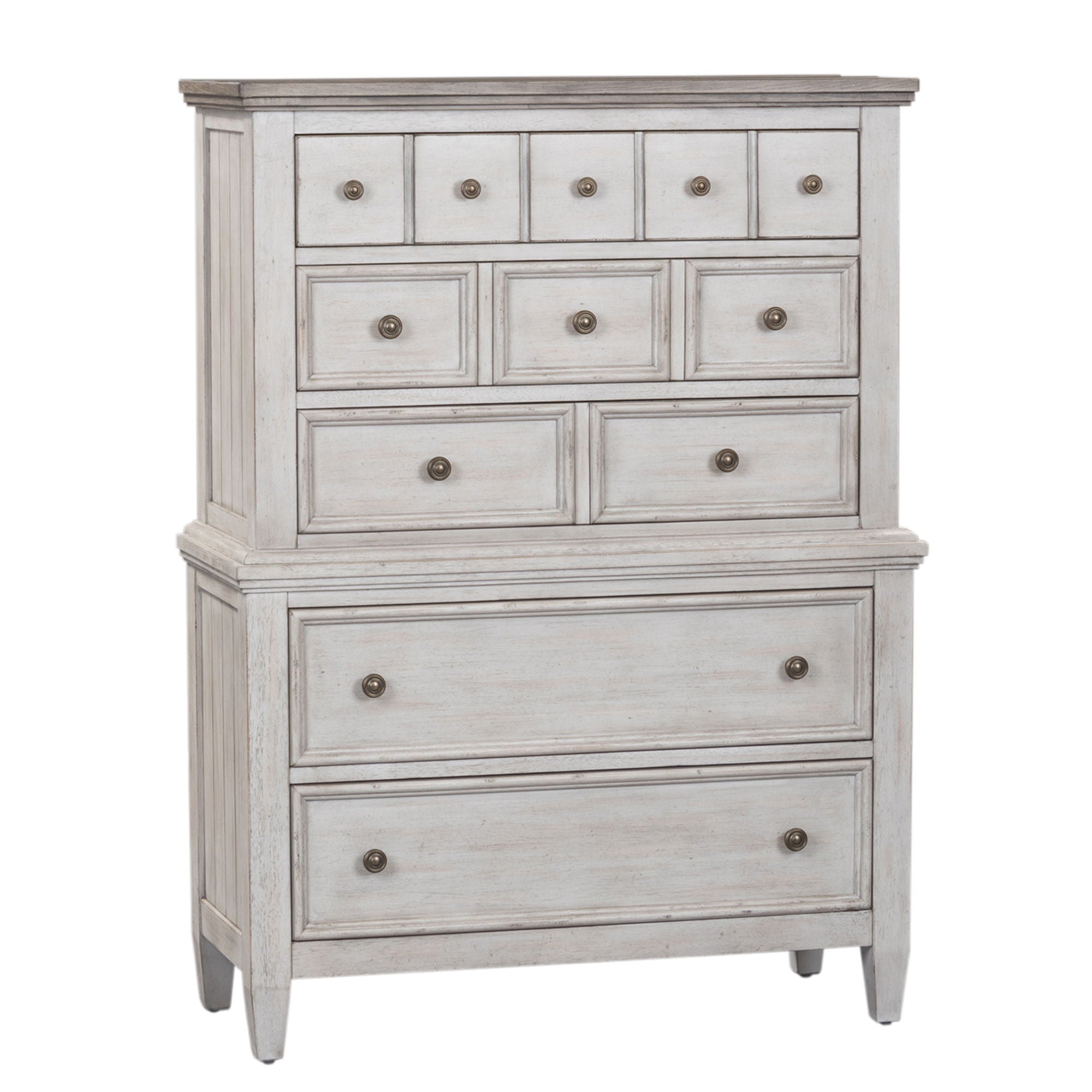 Commode 5 tiroirs – Blanc vieilli / Plateaux Tabac — un ajout de style décontracté pour un look classique à l'ambiance décontractée
