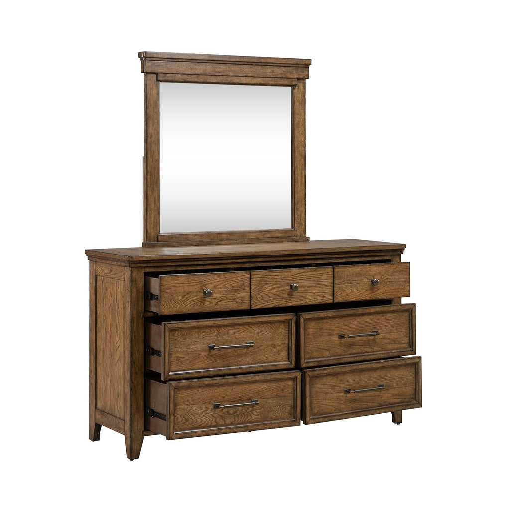 Commode et miroir - Ambre brun — fini ambré chaud rehaussé de moulures en superposition épaisses qui donnent dimension et texture
