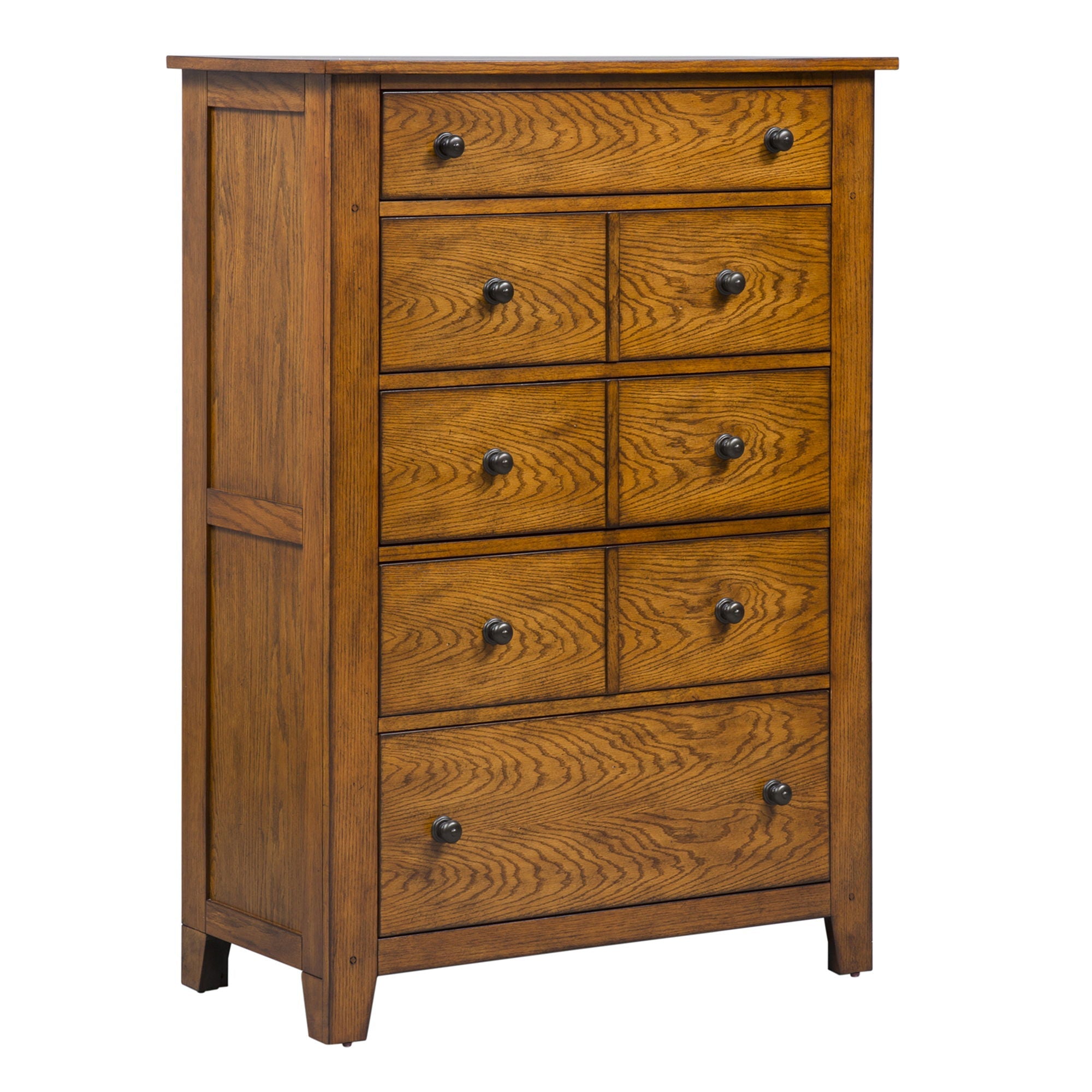Commode 5 tiroirs - Chêne vieilli — Style chambre américaine rustique avec accents en bois et chevilles pour une touche artisanale.