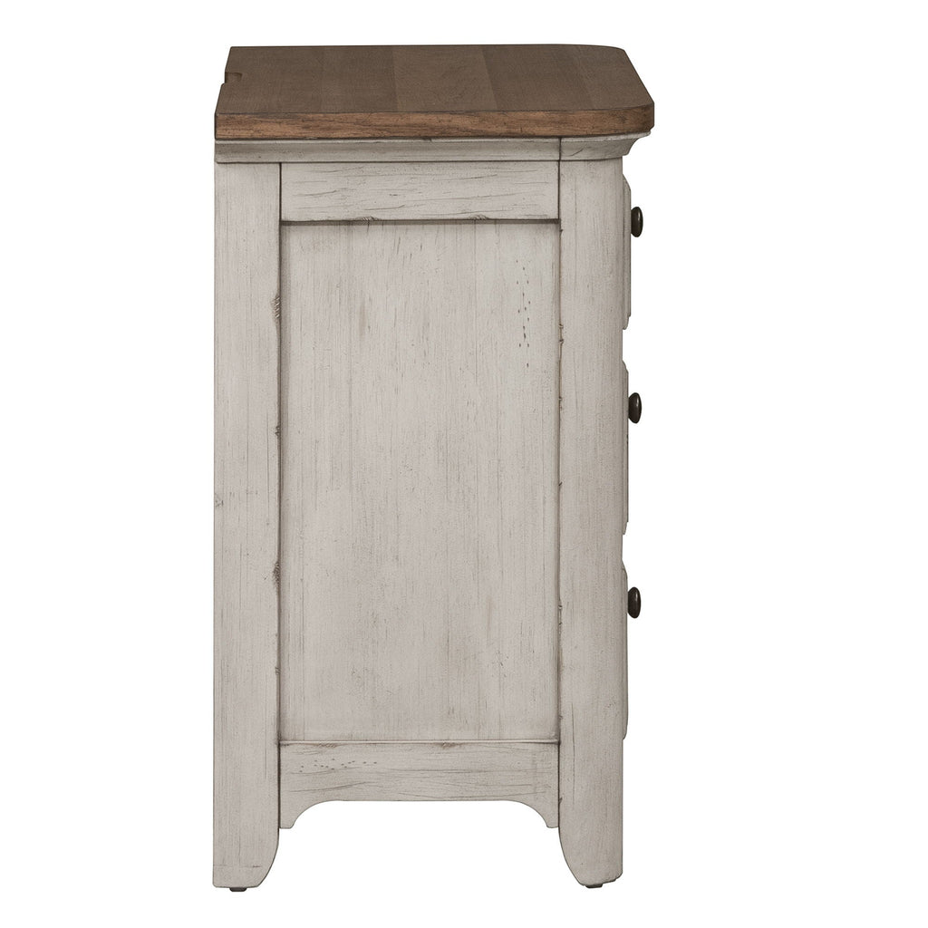 Table de chevet à 3 tiroirs avec station de charge - Blanc antique / Dessus couleur châtaigne — Des looks qui s'intègrent facilement dans les maisons d'aujourd'hui