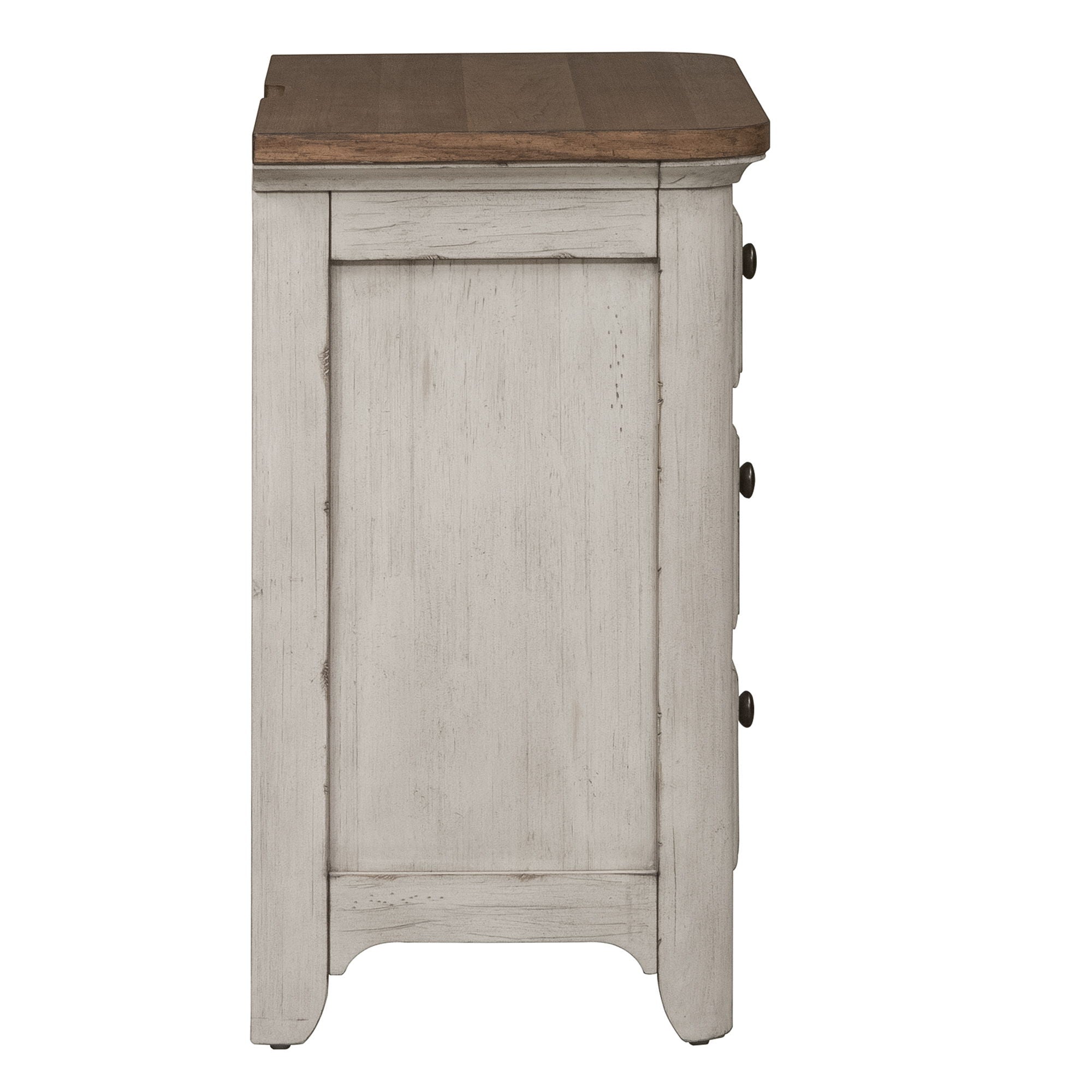Table de chevet à 3 tiroirs avec station de charge - Blanc antique / Dessus couleur châtaigne — Des looks qui s'intègrent facilement dans les maisons d'aujourd'hui