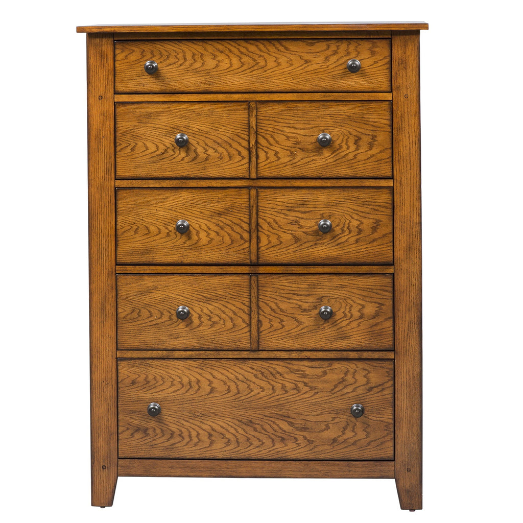 Commode 5 tiroirs - Chêne vieilli — Style chambre américaine rustique avec accents en bois et chevilles pour une touche artisanale.
