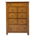 Commode 5 tiroirs - Chêne vieilli — Style chambre américaine rustique avec accents en bois et chevilles pour une touche artisanale.