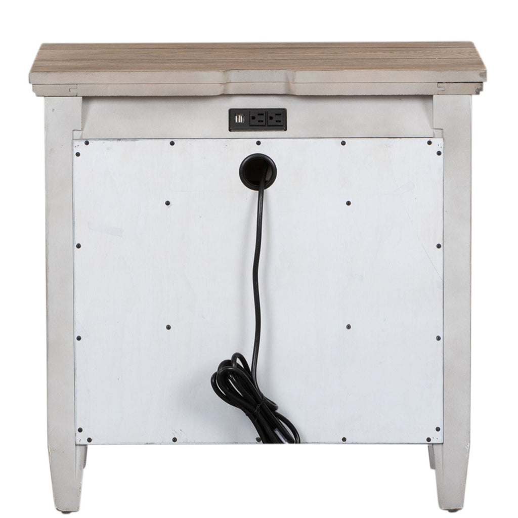 1 table de chevet avec tiroir et station de charge – Blanc antique/Dessus tabac — Des looks qui s’intègrent facilement dans les maisons d’aujourd’hui