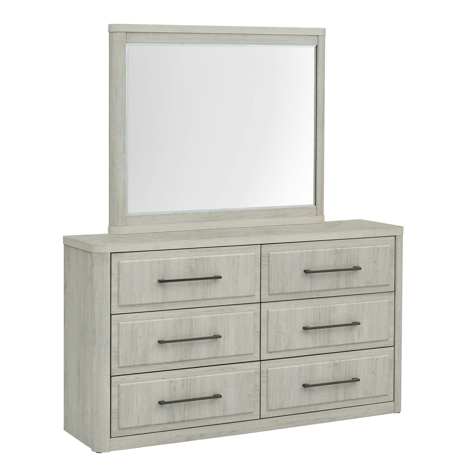 Commode et miroir - Blanc naturel — - Commode et miroir - Blanc Caractéristiques du produit Poignées bronze Coins légèrement arrondis et