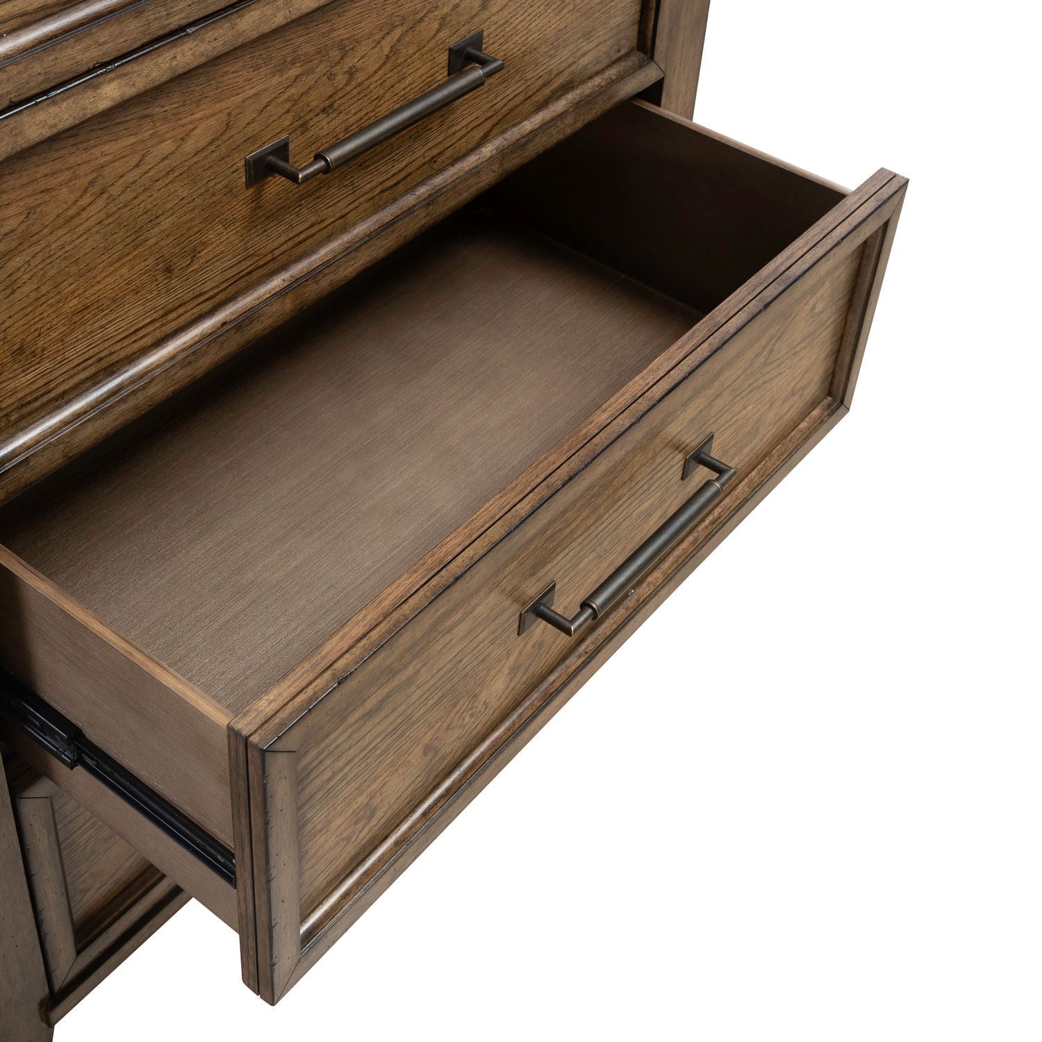 Commode 5 tiroirs - Brun ambré — finition ambrée chaude soulignée par de lourdes moulures en relief pour la dimension et la texture