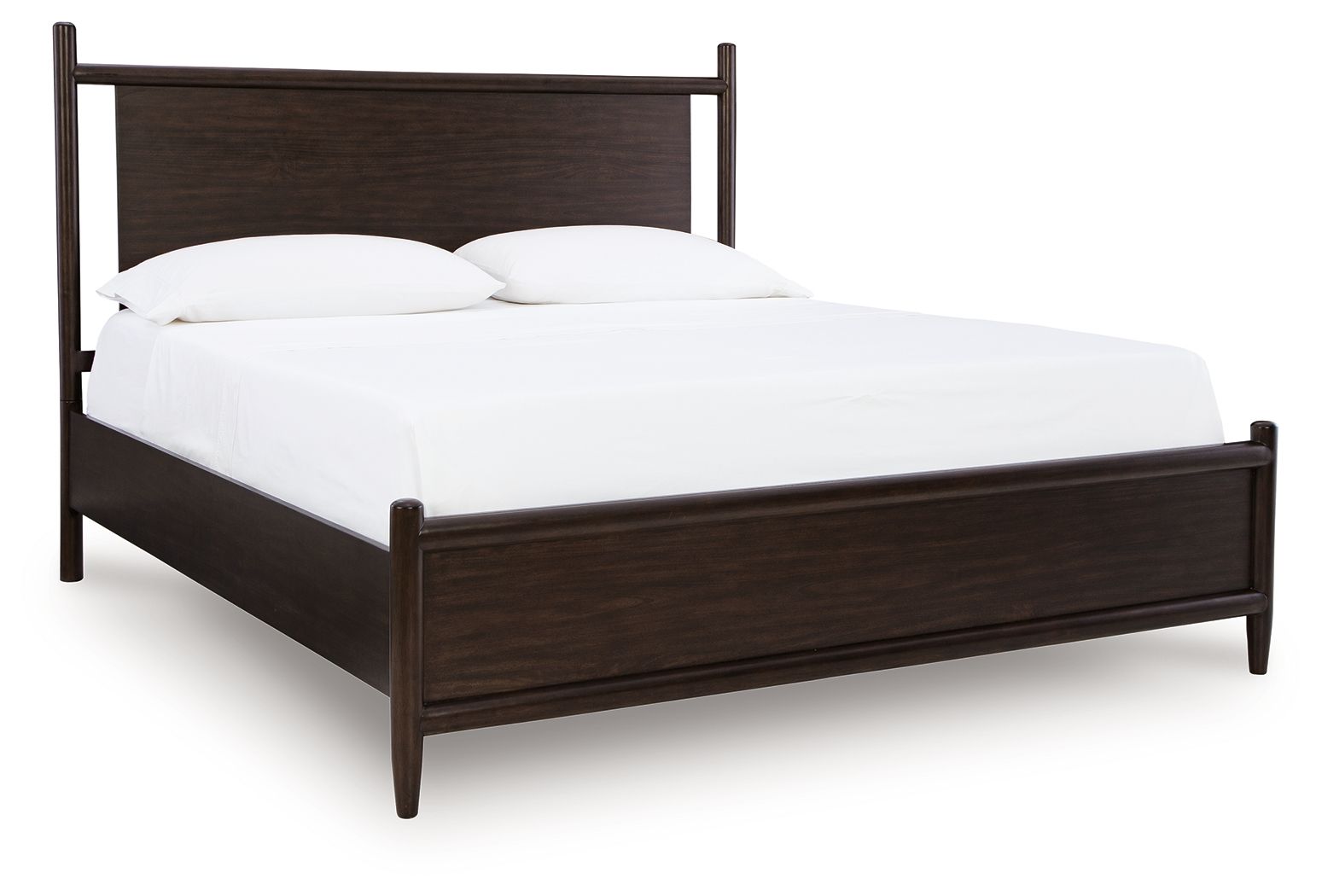 Lit à panneaux — Son design à la fois simple et chic, avec des cadres en bois arrondis et une riche finition merlot, dégage une atmosphère urbaine.