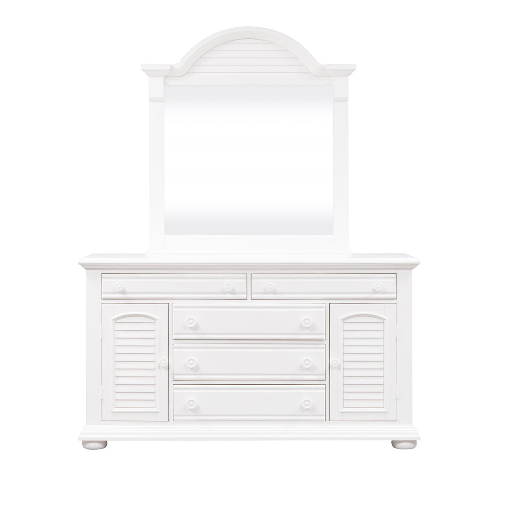 Commode et miroir - Blanc — La maison d'été représente le meilleur du style chalet avec des accents de panneaux persiennés dans une finition blanc cassé.