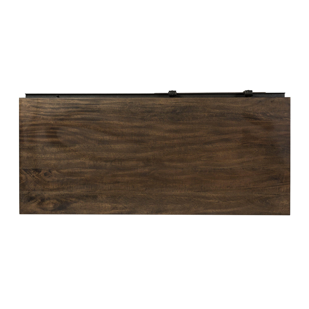 Commode à portes coulissantes – Marron vieilli – contemporain – Un mélange de matériaux aux finitions vieillies et aux tissus texturés.