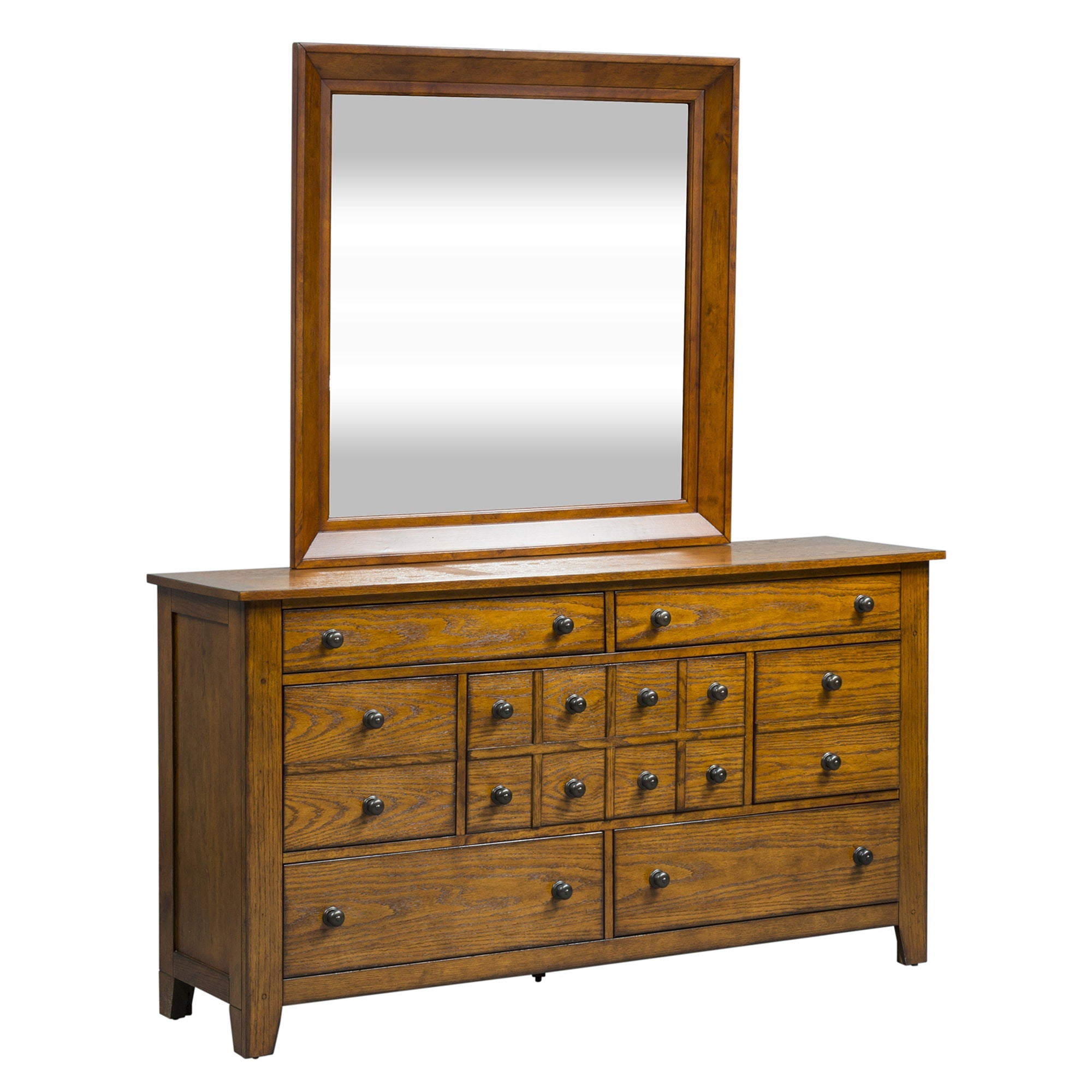 Commode et miroir - Marron clair — Design de chambre rustique américain avec des accents de bois et de chevilles qui donnent une touche artisanale