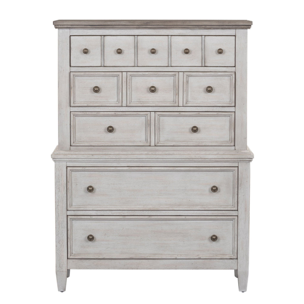 Commode 5 tiroirs – Blanc vieilli / Plateaux Tabac — un ajout de style décontracté pour un look classique à l'ambiance décontractée