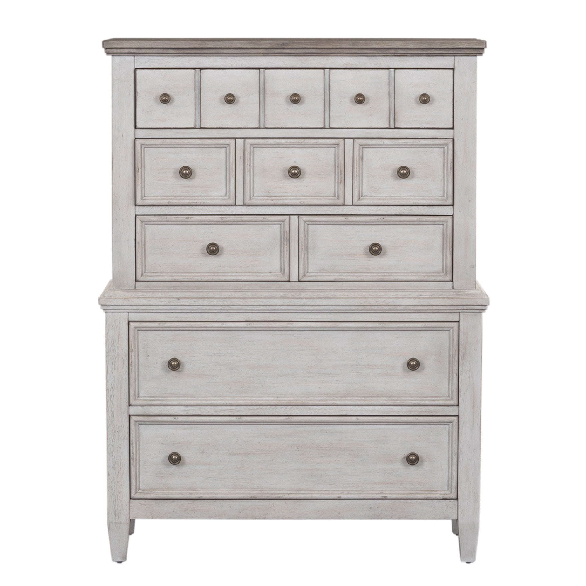 Commode 5 tiroirs – Blanc vieilli / Plateaux Tabac — un ajout de style décontracté pour un look classique à l'ambiance décontractée
