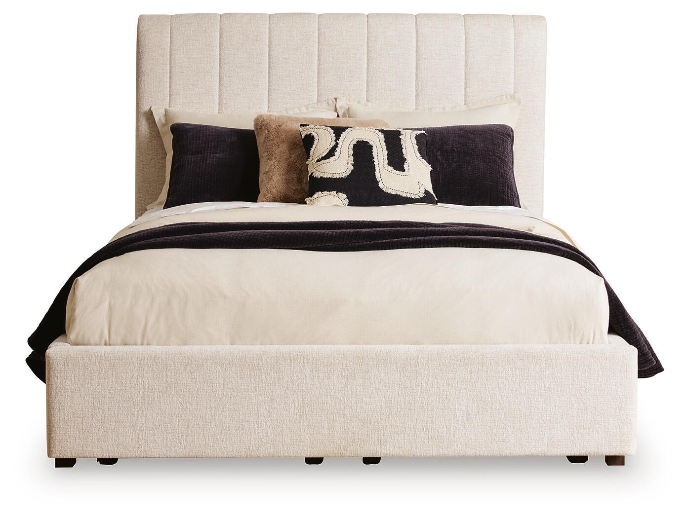 Lit rembourré Queen avec rangement - Beige — Un rangement intégré dans le pied de lit permet de ranger vos affaires avec élégance