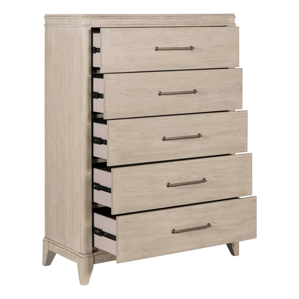 Commode 5 tiroirs - Blanc Sanctuary — offre un style de transition alliant des éléments traditionnels et contemporains