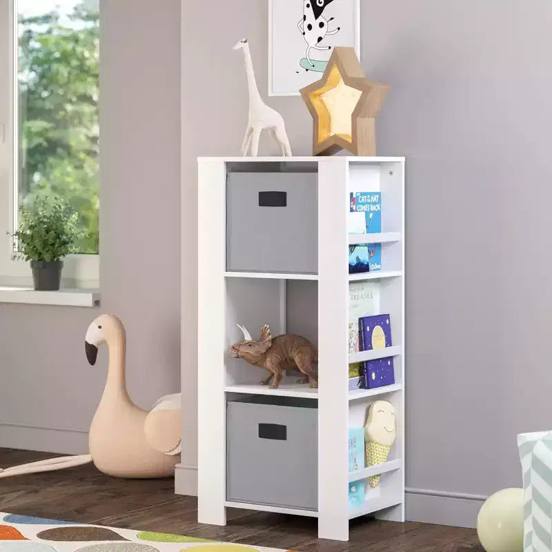 RiverRidge Kids' Bookshelf and Toy Organizer Tower with 3 Cubbies and 6 Bookracks White with 2 Fabric Bins