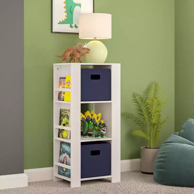RiverRidge Kids' Bookshelf and Toy Organizer Tower with 3 Cubbies and 6 Bookracks White with 2 Fabric Bins