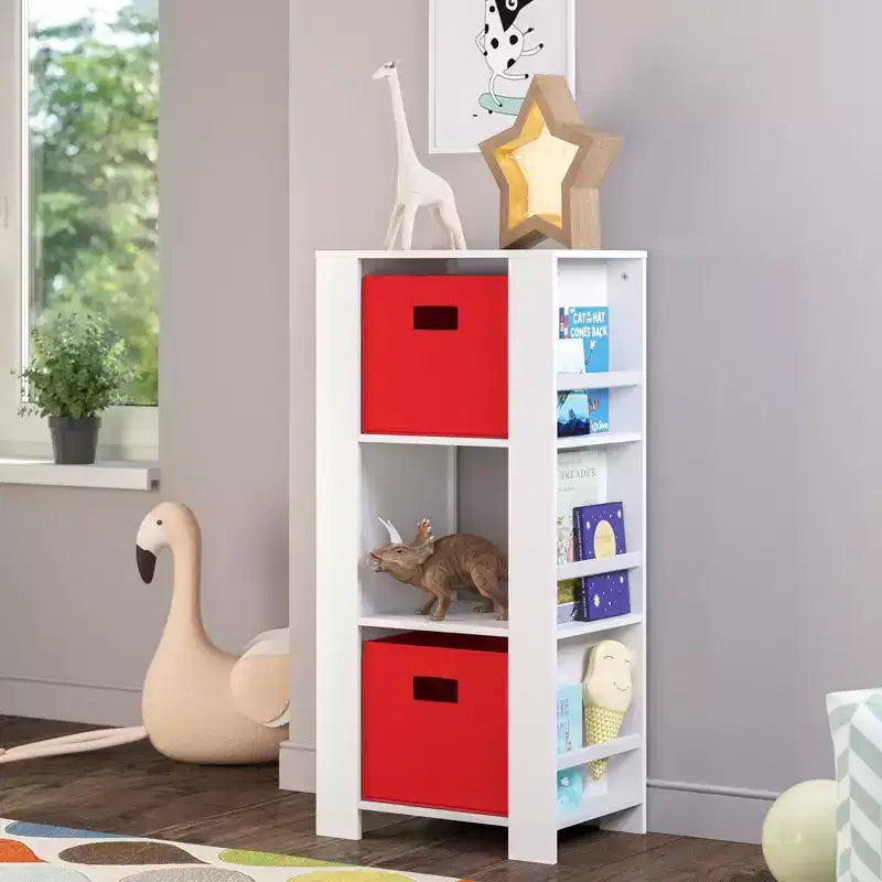 RiverRidge Kids' Bookshelf and Toy Organizer Tower with 3 Cubbies and 6 Bookracks White with 2 Fabric Bins