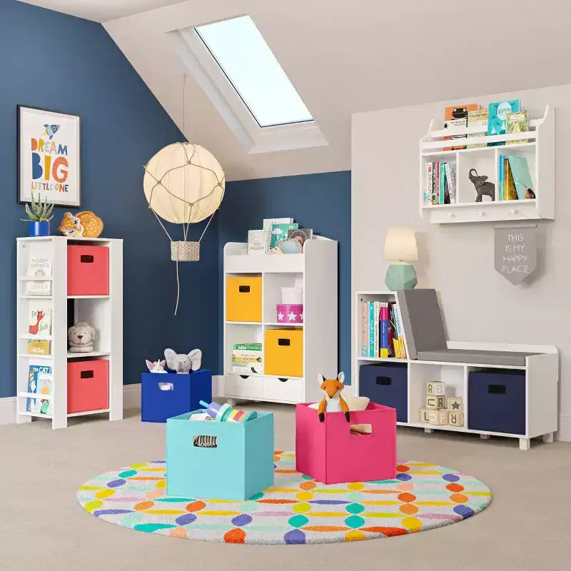 RiverRidge Kids' Bookshelf and Toy Organizer Tower with 3 Cubbies and 6 Bookracks White with 2 Fabric Bins