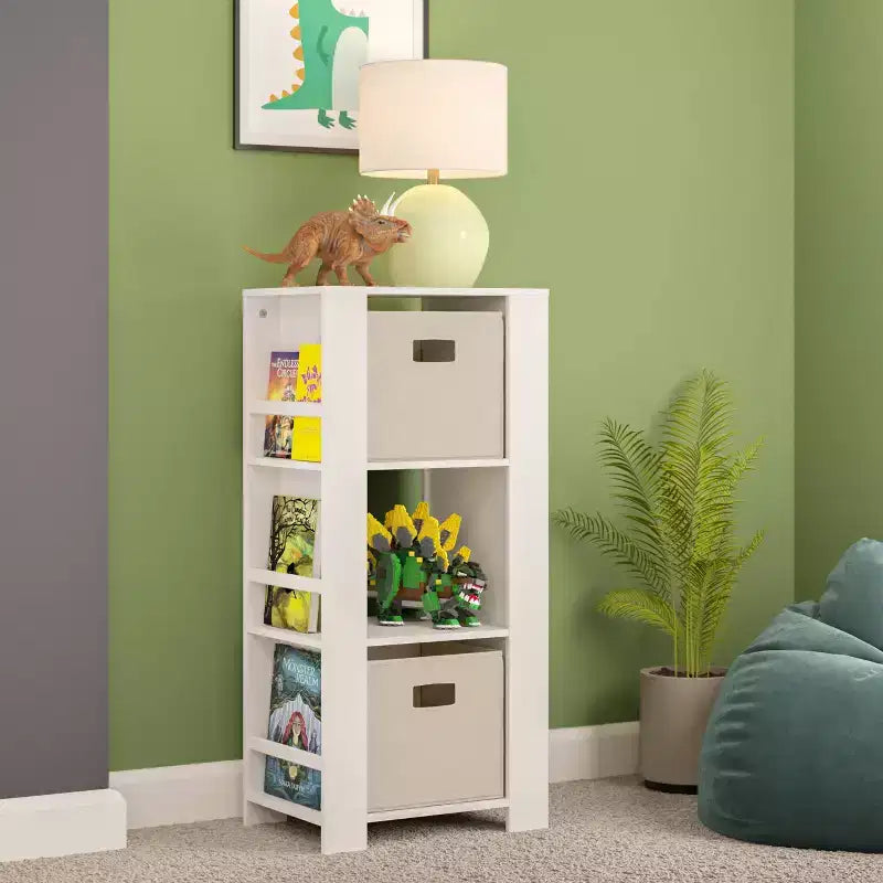 RiverRidge Kids' Bookshelf and Toy Organizer Tower with 3 Cubbies and 6 Bookracks White with 2 Fabric Bins
