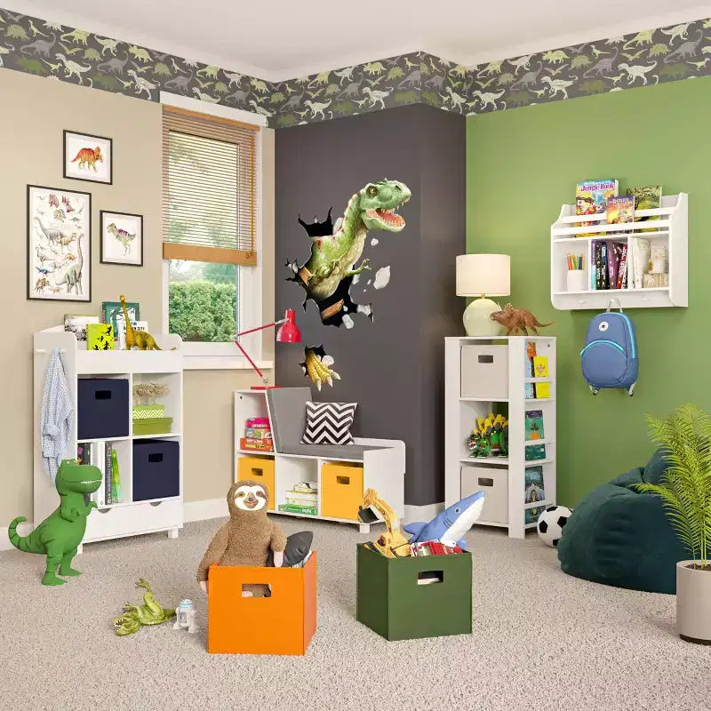 RiverRidge Kids' Bookshelf and Toy Organizer Tower with 3 Cubbies and 6 Bookracks White with 2 Fabric Bins