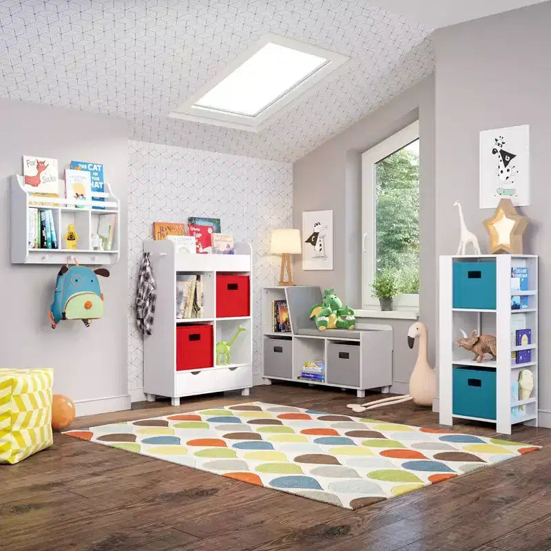 RiverRidge Kids' Bookshelf and Toy Organizer Tower with 3 Cubbies and 6 Bookracks White with 2 Fabric Bins