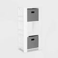 RiverRidge Kids' Bookshelf and Toy Organizer Tower with 3 Cubbies and 6 Bookracks White with 2 Fabric Bins