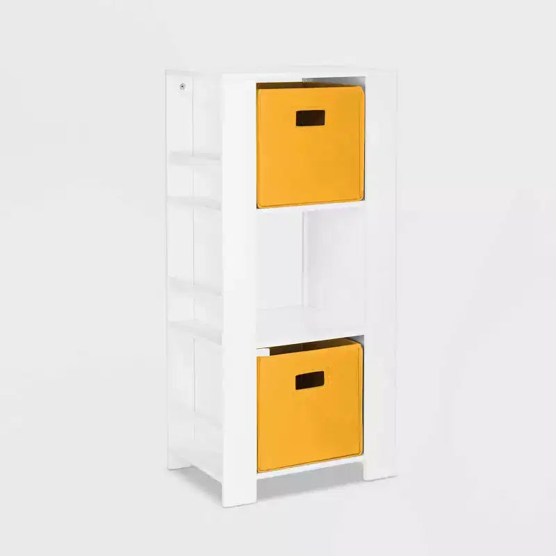 RiverRidge Kids' Bookshelf and Toy Organizer Tower with 3 Cubbies and 6 Bookracks White with 2 Fabric Bins