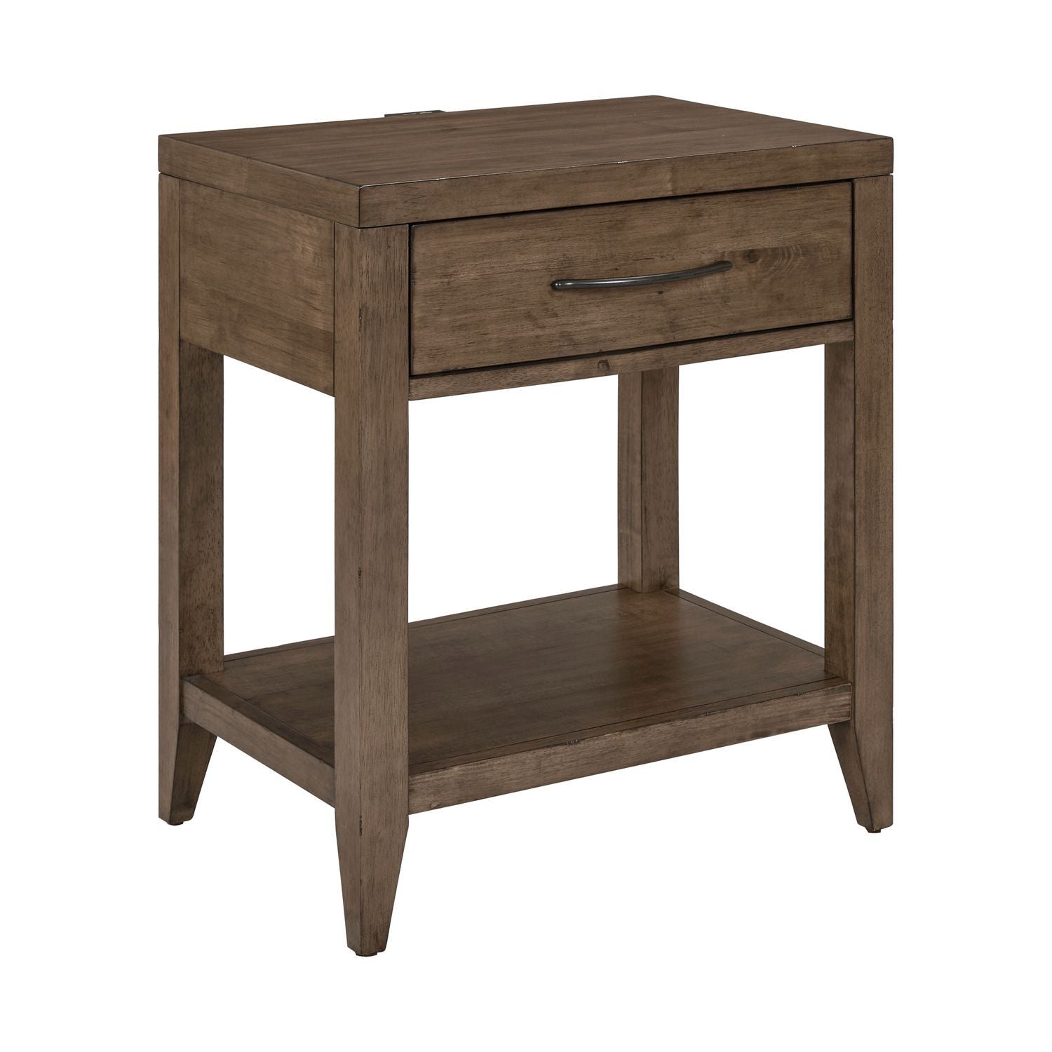 Table de chevet ouverte avec station de charge – Brun moisson — Elle intègre des éléments de design provenant de plusieurs siècles