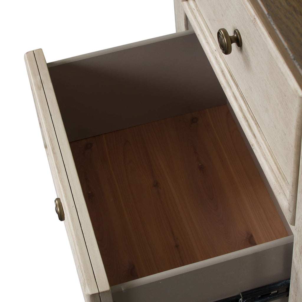 Table de chevet à 2 tiroirs avec station de charge - Blanc antique / Dessus couleur tabac — Des looks qui s'intègrent facilement aux maisons d'aujourd'hui