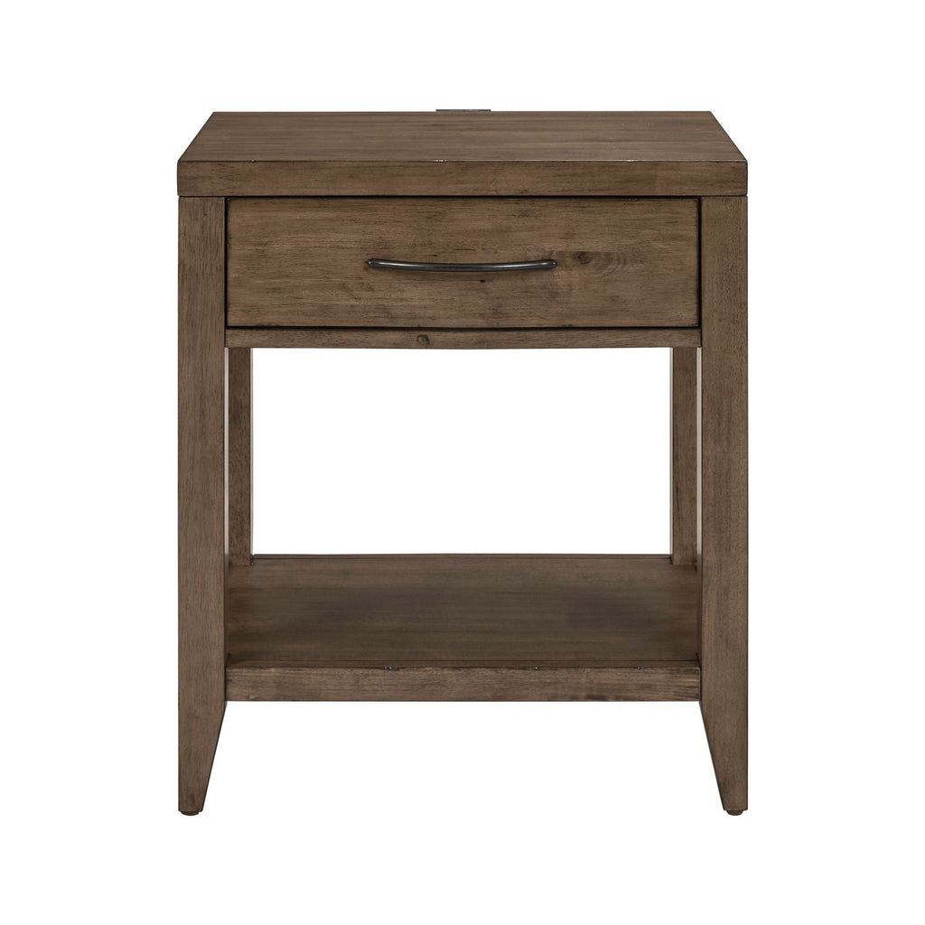 Table de chevet ouverte avec station de charge – Brun moisson — Elle intègre des éléments de design provenant de plusieurs siècles