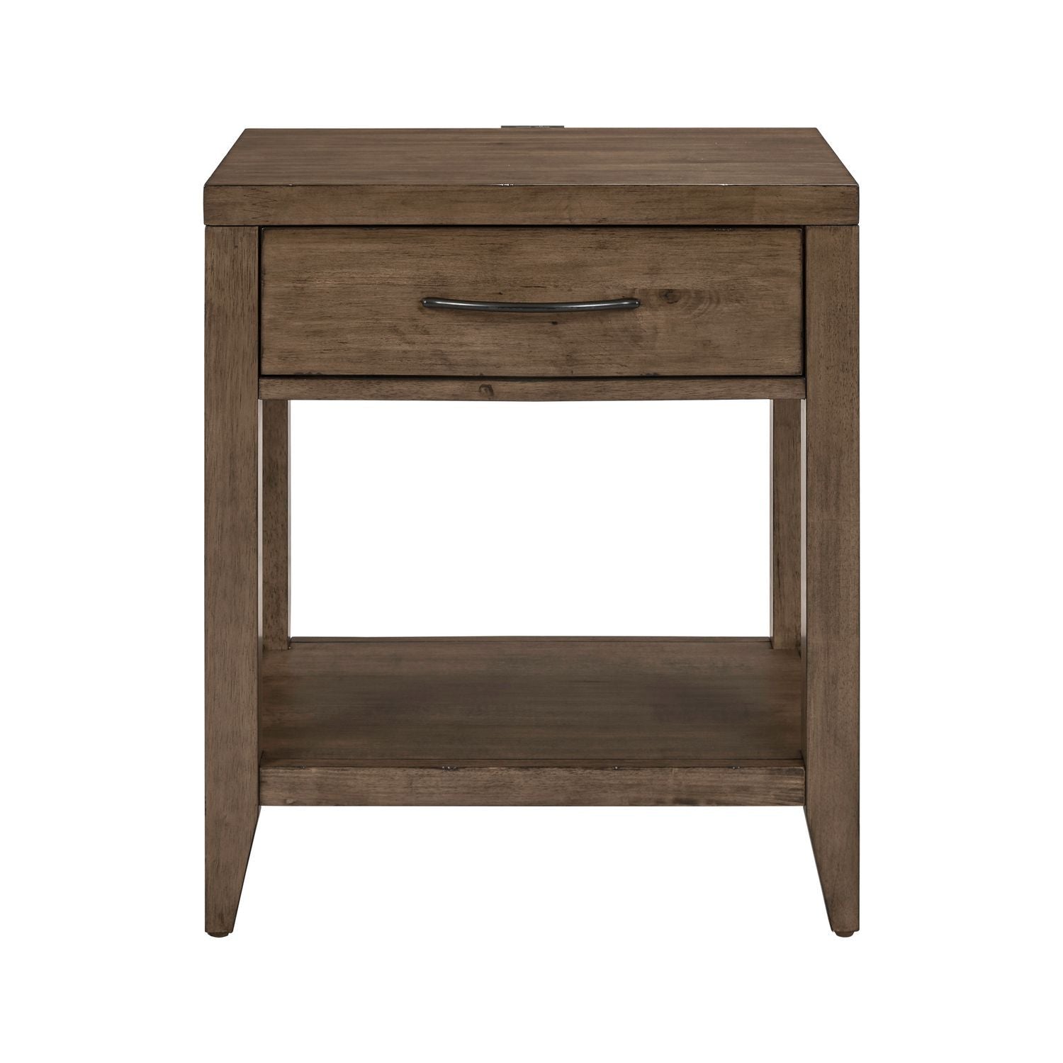 Table de chevet ouverte avec station de charge – Brun moisson — Elle intègre des éléments de design provenant de plusieurs siècles