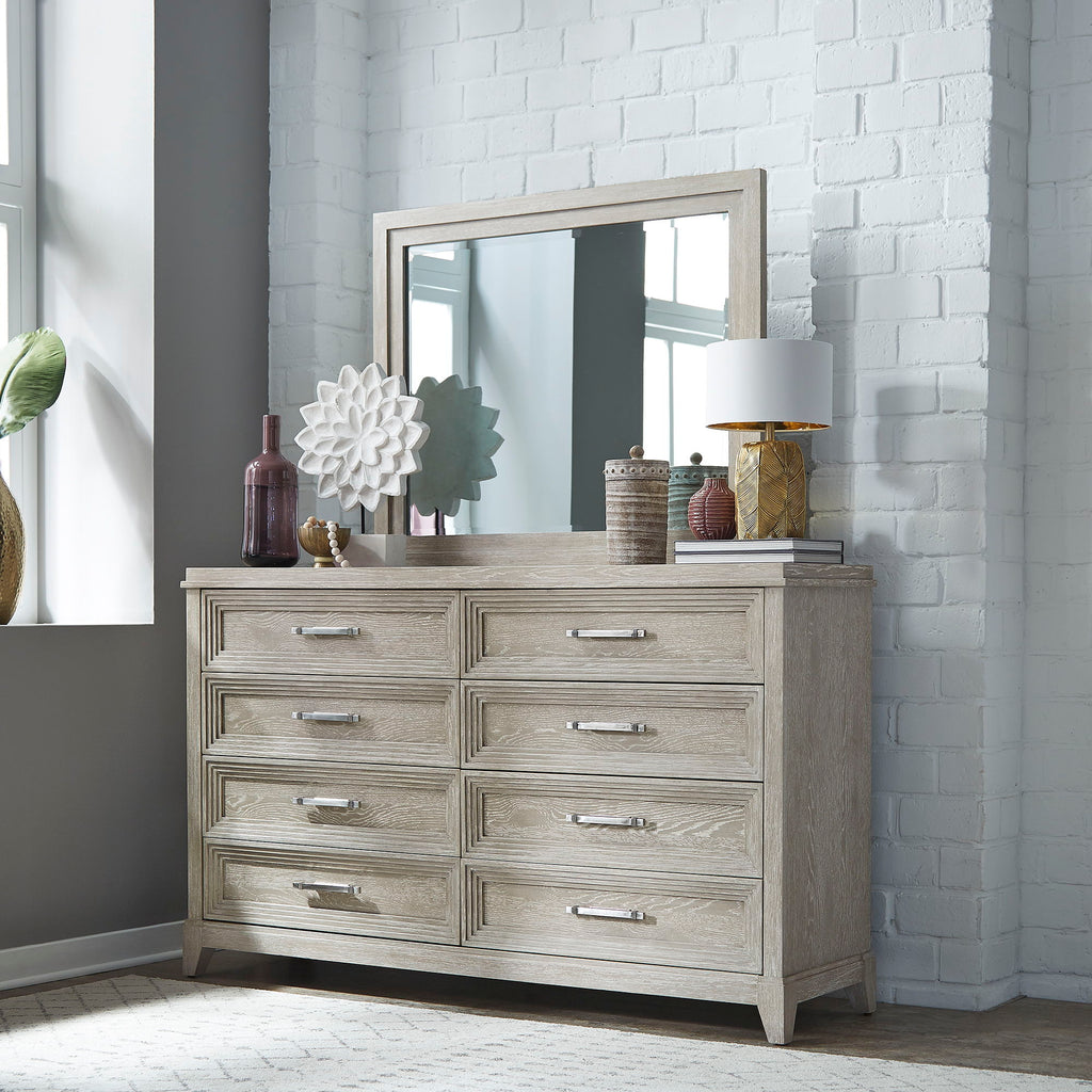 Commode et miroir – Taupe délavé — Les styles sont souvent simplistes avec des touches luxueuses telles que l'acier inoxydable ou le velours