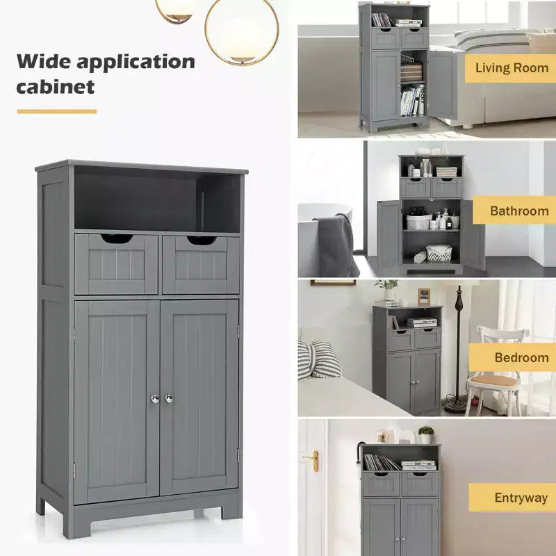 Costway Bathroom Floor Cabinet Wooden Storage Organizer w/Drawer Doors