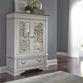 Commode à portes-miroirs – Blanc antique — La quincaillerie en anneau et poignée tombante en étain antique apporte la touche finale aux meubles.