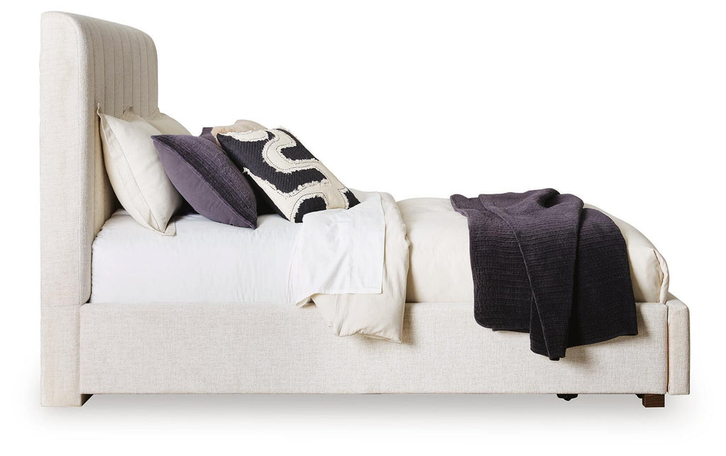 Lit rembourré Queen avec rangement - Beige — Un rangement intégré dans le pied de lit permet de ranger vos affaires avec élégance