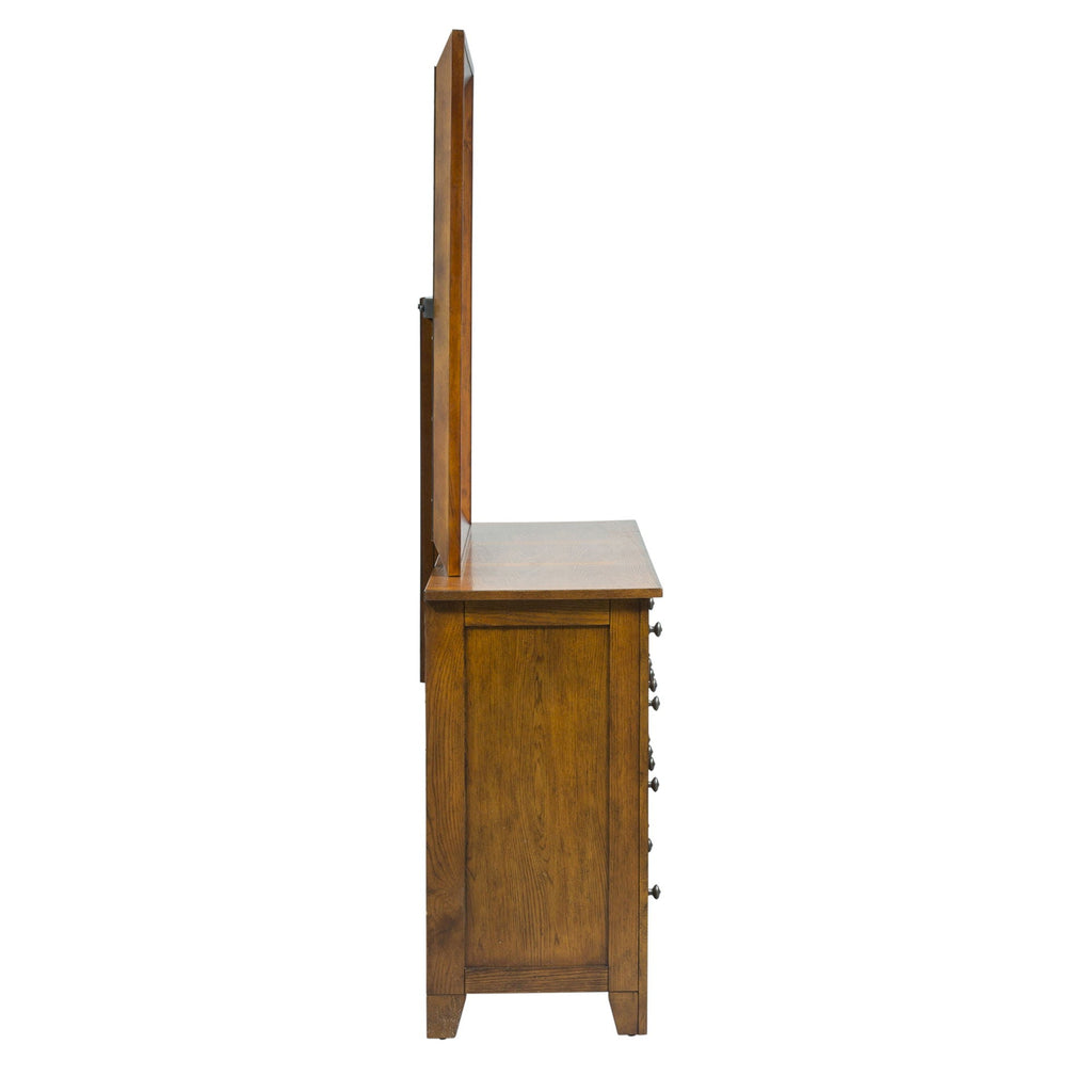 Commode et miroir - Marron clair — Design de chambre rustique américain avec des accents de bois et de chevilles qui donnent une touche artisanale