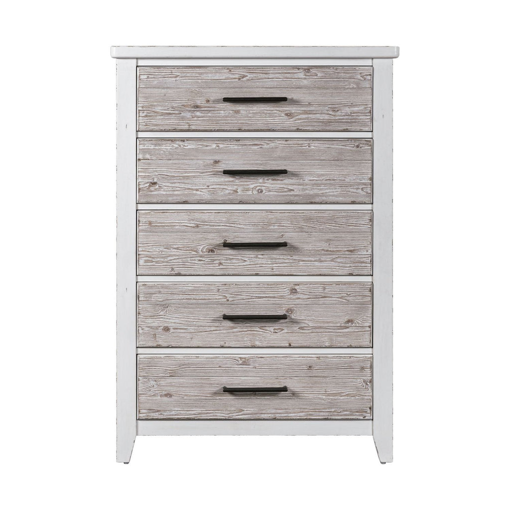 Commode à 5 tiroirs – Blanc patiné — exprime une essence simple avec un style confortable