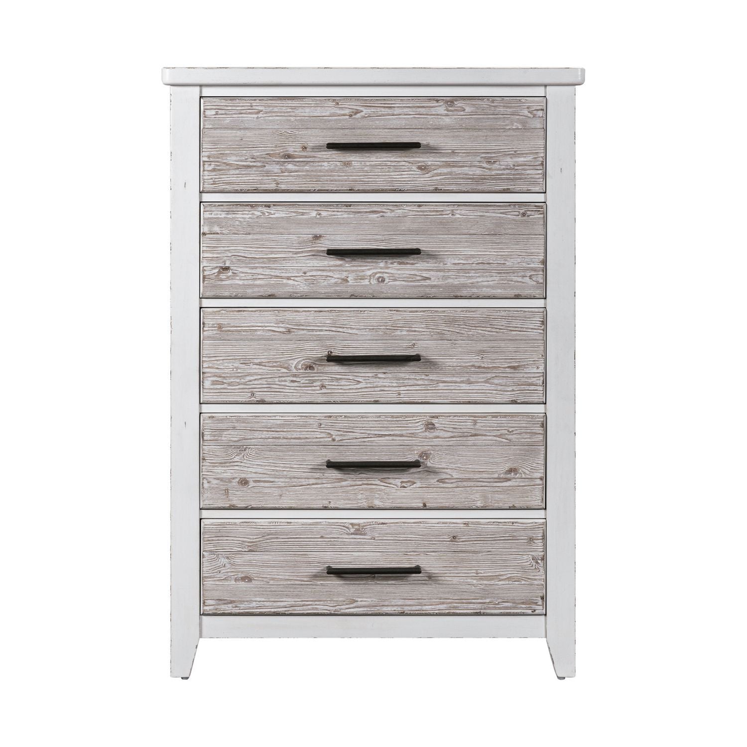 Commode à 5 tiroirs – Blanc patiné — exprime une essence simple avec un style confortable