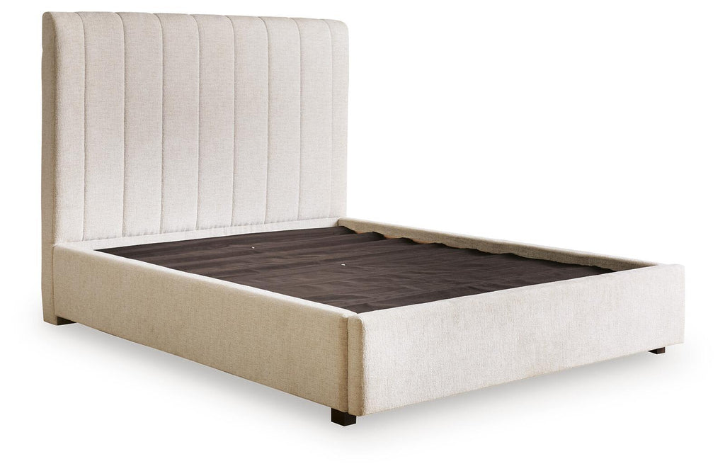 Lit rembourré Queen avec rangement - Beige — Un rangement intégré dans le pied de lit permet de ranger vos affaires avec élégance