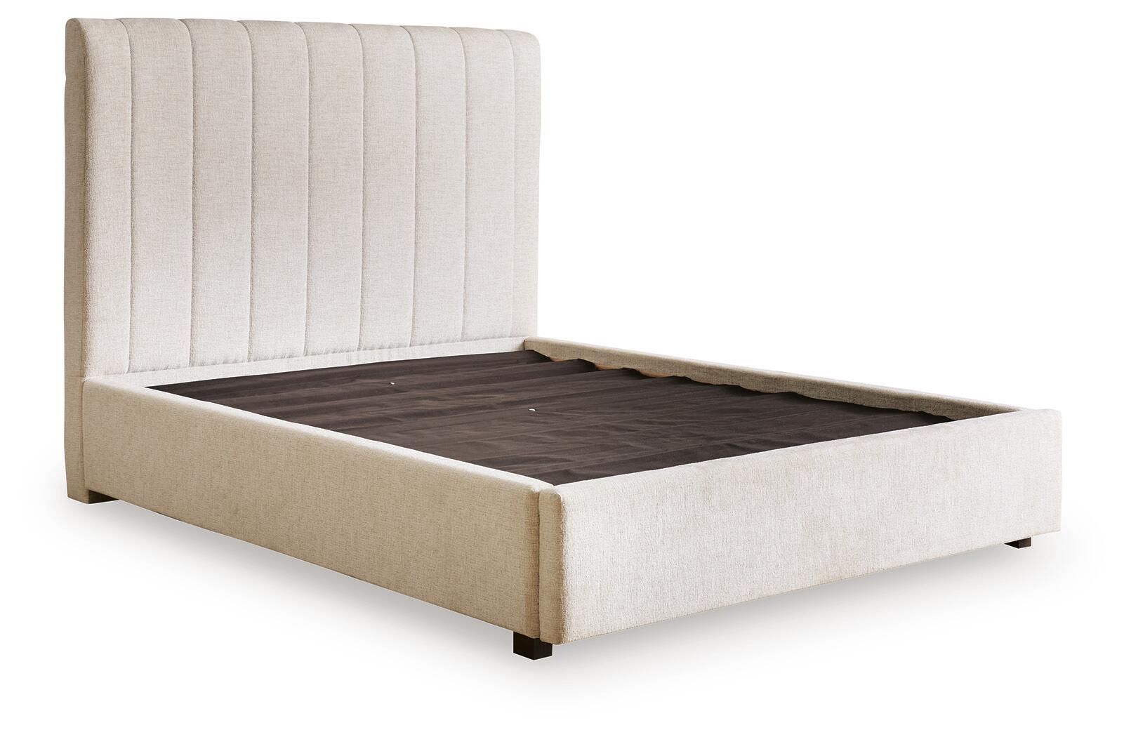 Lit rembourré Queen avec rangement - Beige — Un rangement intégré dans le pied de lit permet de ranger vos affaires avec élégance