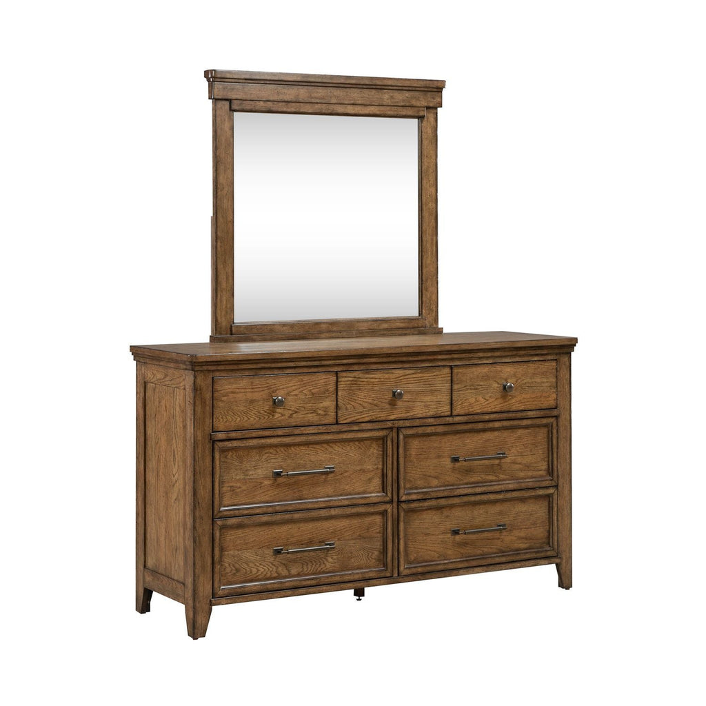 Commode et miroir - Ambre brun — fini ambré chaud rehaussé de moulures en superposition épaisses qui donnent dimension et texture