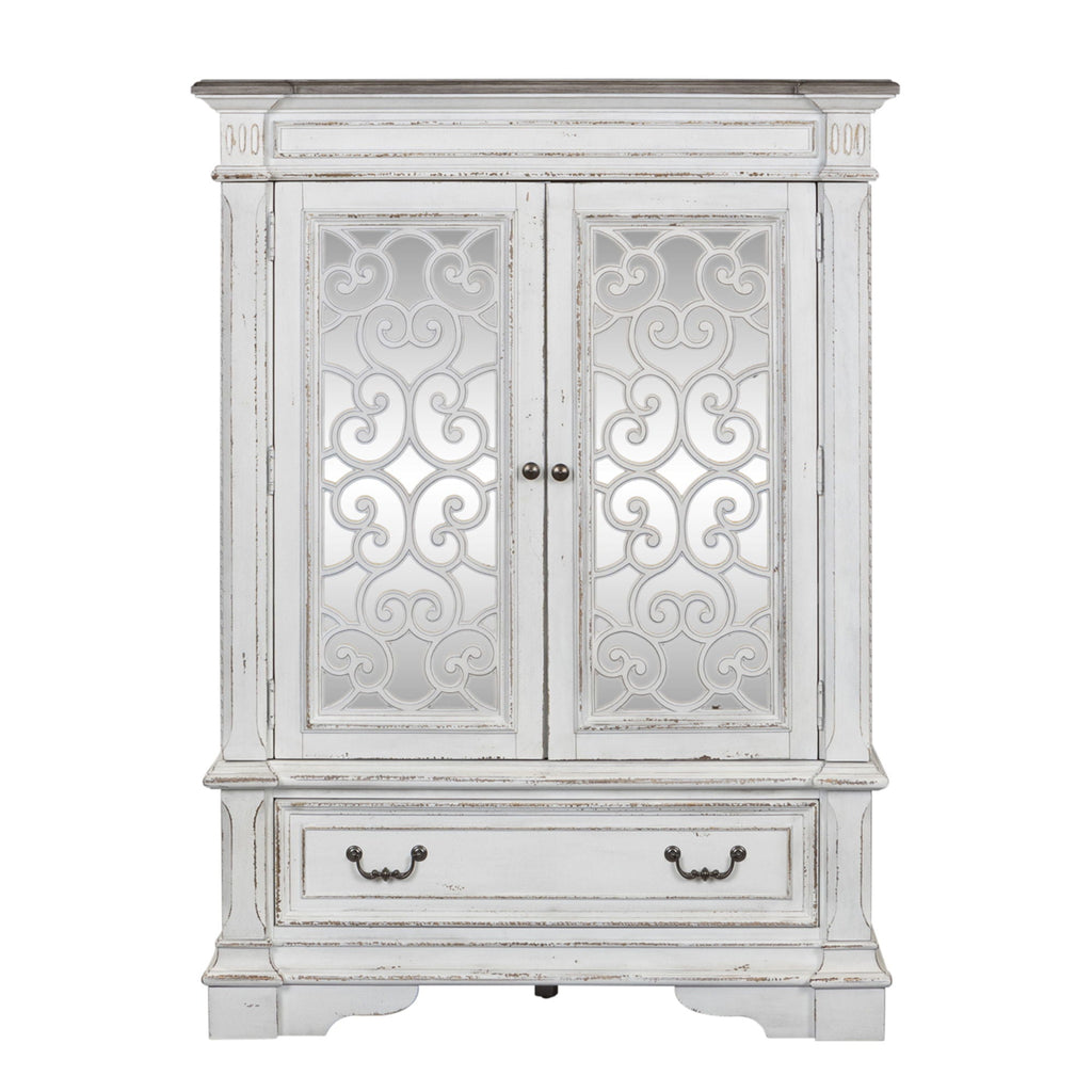 Commode à portes-miroirs – Blanc antique — La quincaillerie en anneau et poignée tombante en étain antique apporte la touche finale aux meubles.