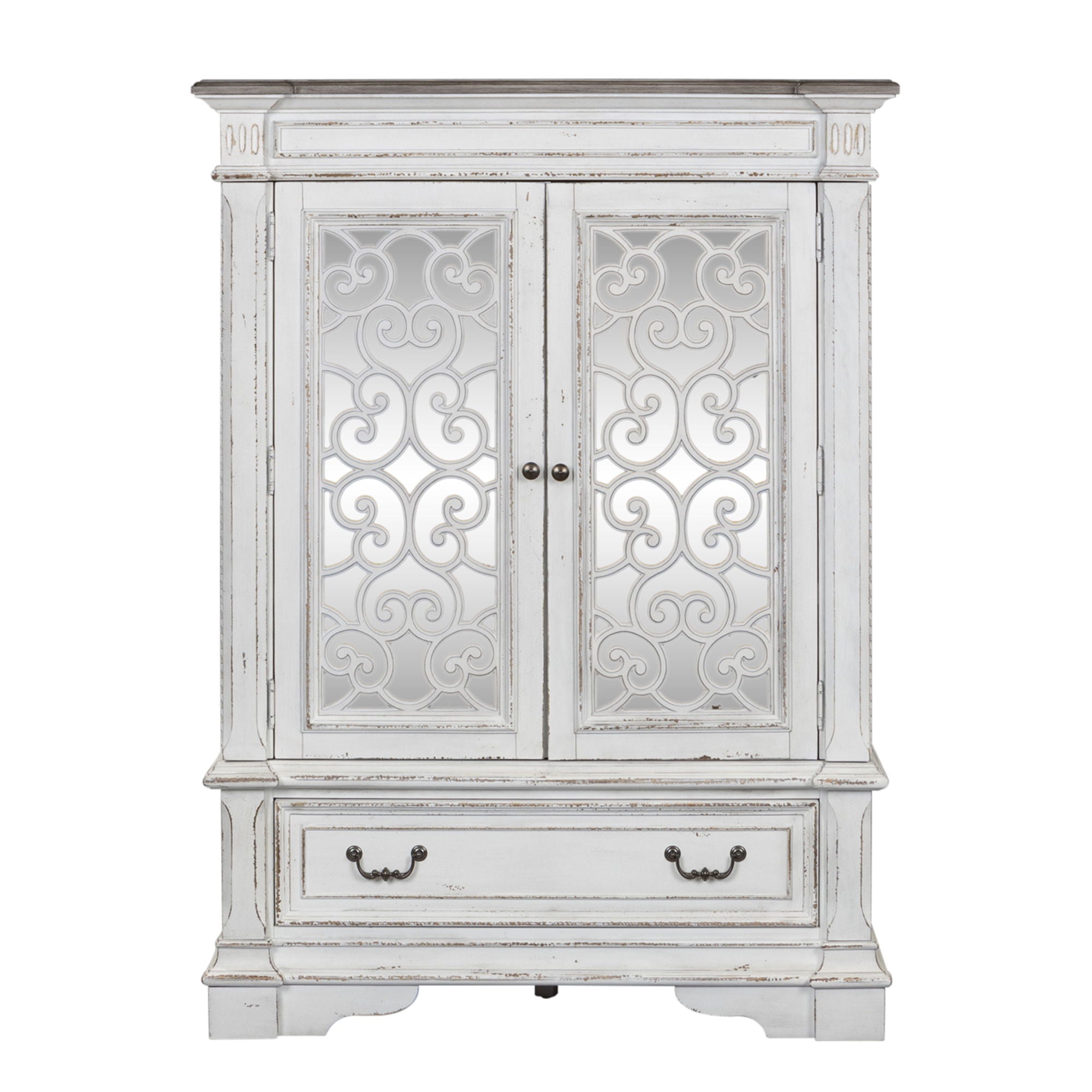 Commode à portes-miroirs – Blanc antique — La quincaillerie en anneau et poignée tombante en étain antique apporte la touche finale aux meubles.