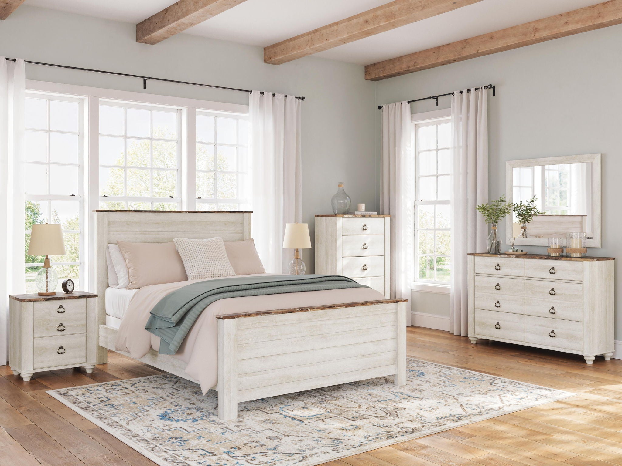 Lit à panneau — Fini biton aspect peinture usée avec touche authentique et motif grain de bois reproduit avec