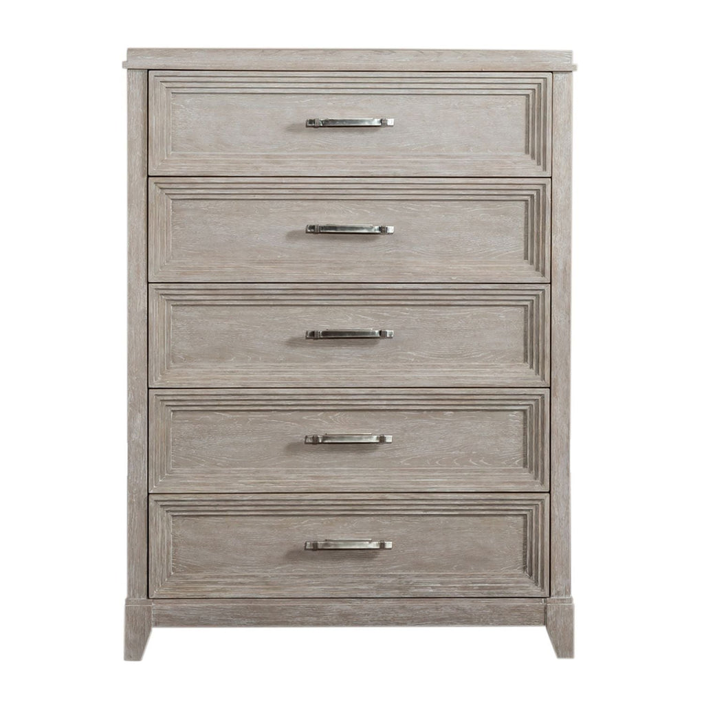 Commode 5 tiroirs - Taupe délavé — Les styles sont souvent simplistes avec des touches de luxe comme l'acier inoxydable ou le velours